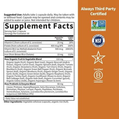 Garden of Life Vitamin Code Raw Iron Supplement - 30 Vegan Capsules, 22mg Once Daily Iron, Vitamins C, B12, Folate, Fruit, Veggies & Probiotics, Iron Supplements for Women - Maple Wellness Supplements