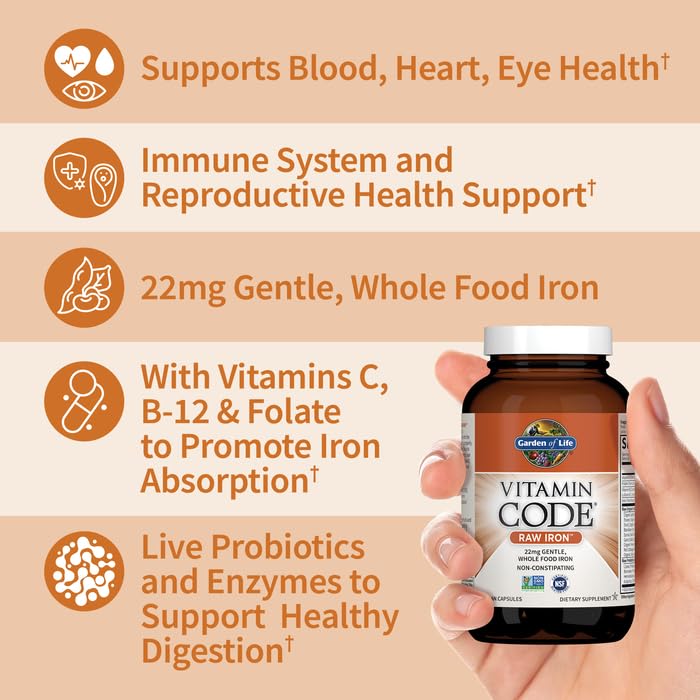 Garden of Life Vitamin Code Raw Iron Supplement - 30 Vegan Capsules, 22mg Once Daily Iron, Vitamins C, B12, Folate, Fruit, Veggies & Probiotics, Iron Supplements for Women - Maple Wellness Supplements