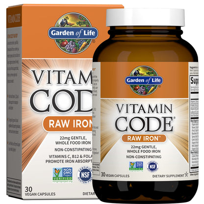 Garden of Life Vitamin Code Raw Iron Supplement - 30 Vegan Capsules, 22mg Once Daily Iron, Vitamins C, B12, Folate, Fruit, Veggies & Probiotics, Iron Supplements for Women - Maple Wellness Supplements
