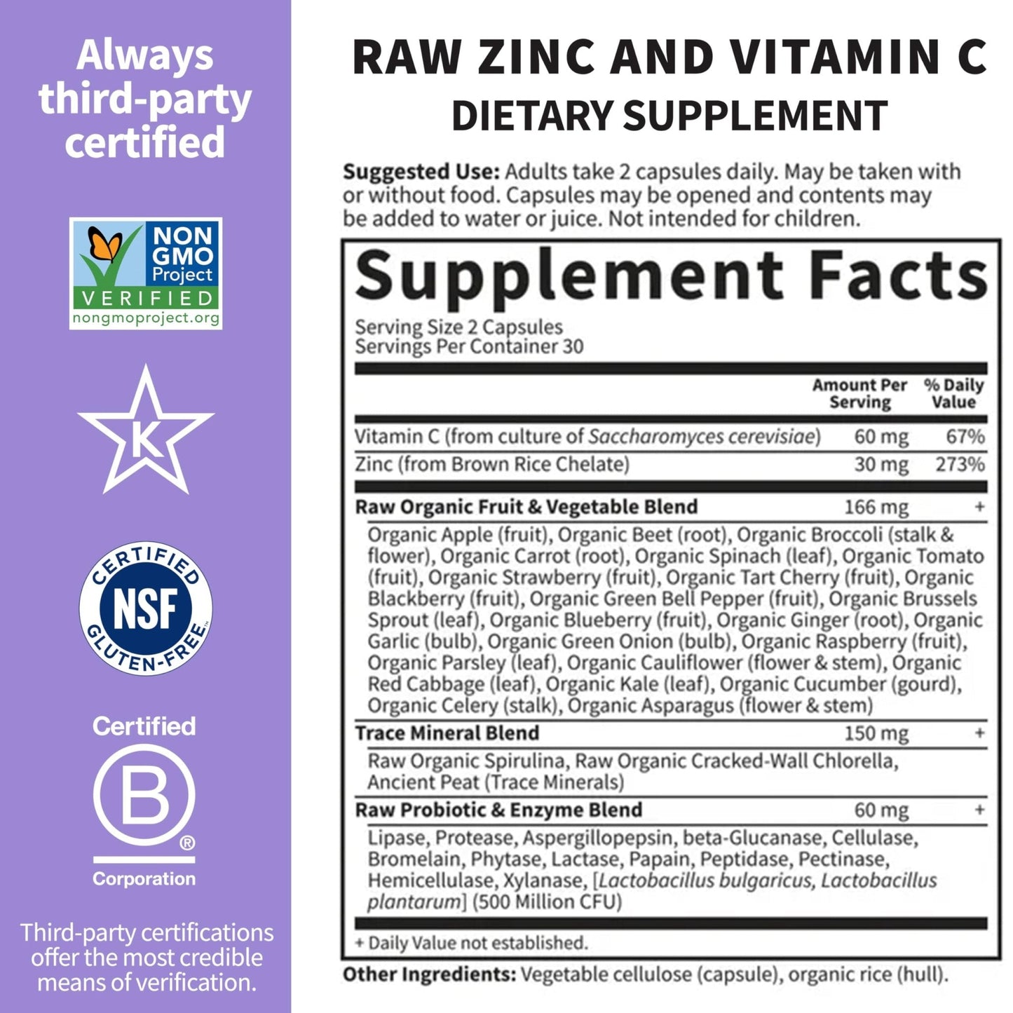 Garden of Life Zinc Supplements 30mg High Potency Raw Zinc and Vitamin C Multimineral Supplement, Vitamin Code Vitamins Trace Minerals & Probiotics - Maple Wellness Supplements