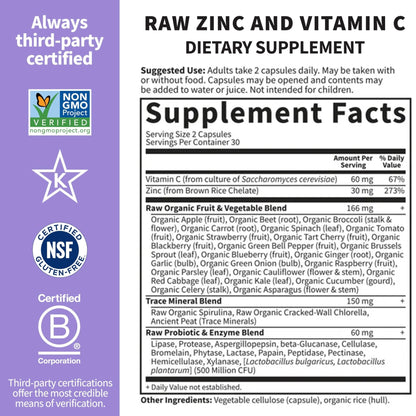 Garden of Life Zinc Supplements 30mg High Potency Raw Zinc and Vitamin C Multimineral Supplement, Vitamin Code Vitamins Trace Minerals & Probiotics - Maple Wellness Supplements
