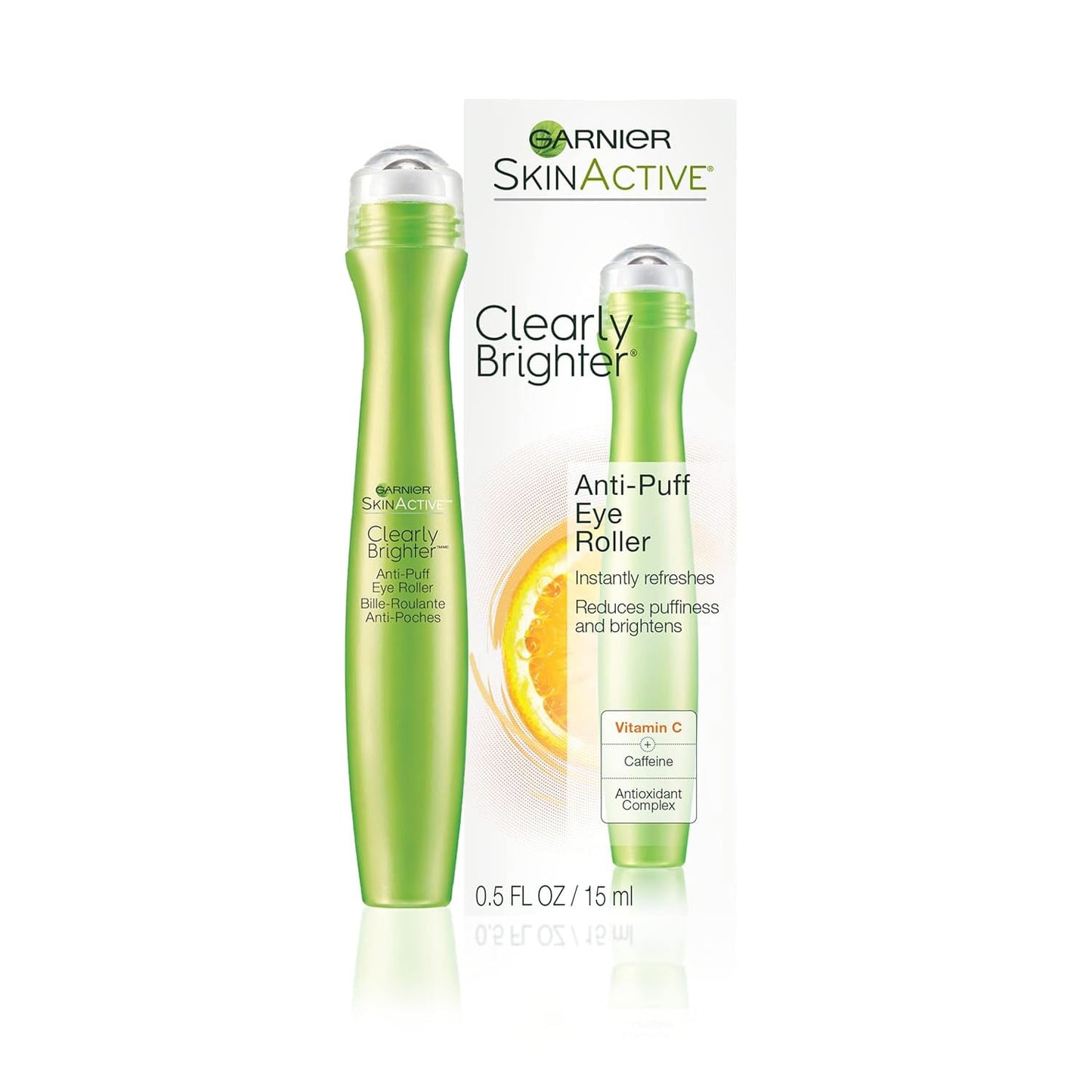 Garnier Clearly Brighter Anti-Puff Eye Roller, Dark Circles Under Eye Treatment with Caffeine and Vitamin C, 0.5 Fl Oz (15mL) - Maple Wellness Supplements