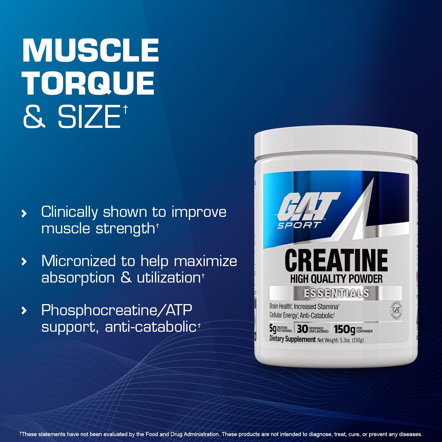 GAT SPORT Creatine Monohydrate Powder, 150 Grams, Strength, Brain Health, GLP1 Support Anti-oxidant, Endurance, for Men & Women, 1 Month Supply, Unflavored (30 Servings) - Maple Wellness Supplements