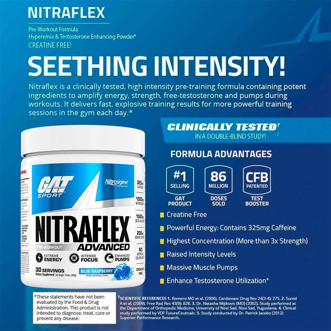 GAT SPORT Nitraflex Advanced Pre-Workout Powder, Increases Blood Flow, Boosts Strength and Energy, Improves Exercise Performance, (Blue Raspberry, 30 Servings) - Maple Wellness Supplements