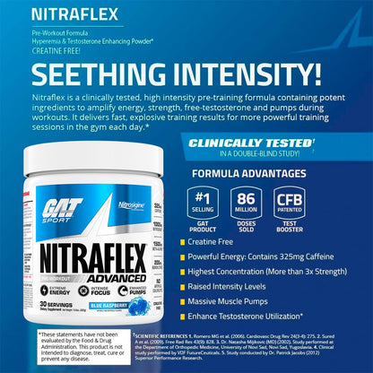 GAT SPORT Nitraflex Advanced Pre-Workout Powder, Increases Blood Flow, Boosts Strength and Energy, Improves Exercise Performance, (Blue Raspberry, 30 Servings) - Maple Wellness Supplements