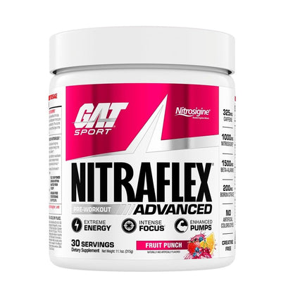 GAT SPORT Nitraflex Advanced Pre-Workout Powder, Increases Blood Flow, Boosts Strength and Energy, Improves Exercise Performance, Men & Women (Fruit Punch, 30 Servings) - Maple Wellness Supplements