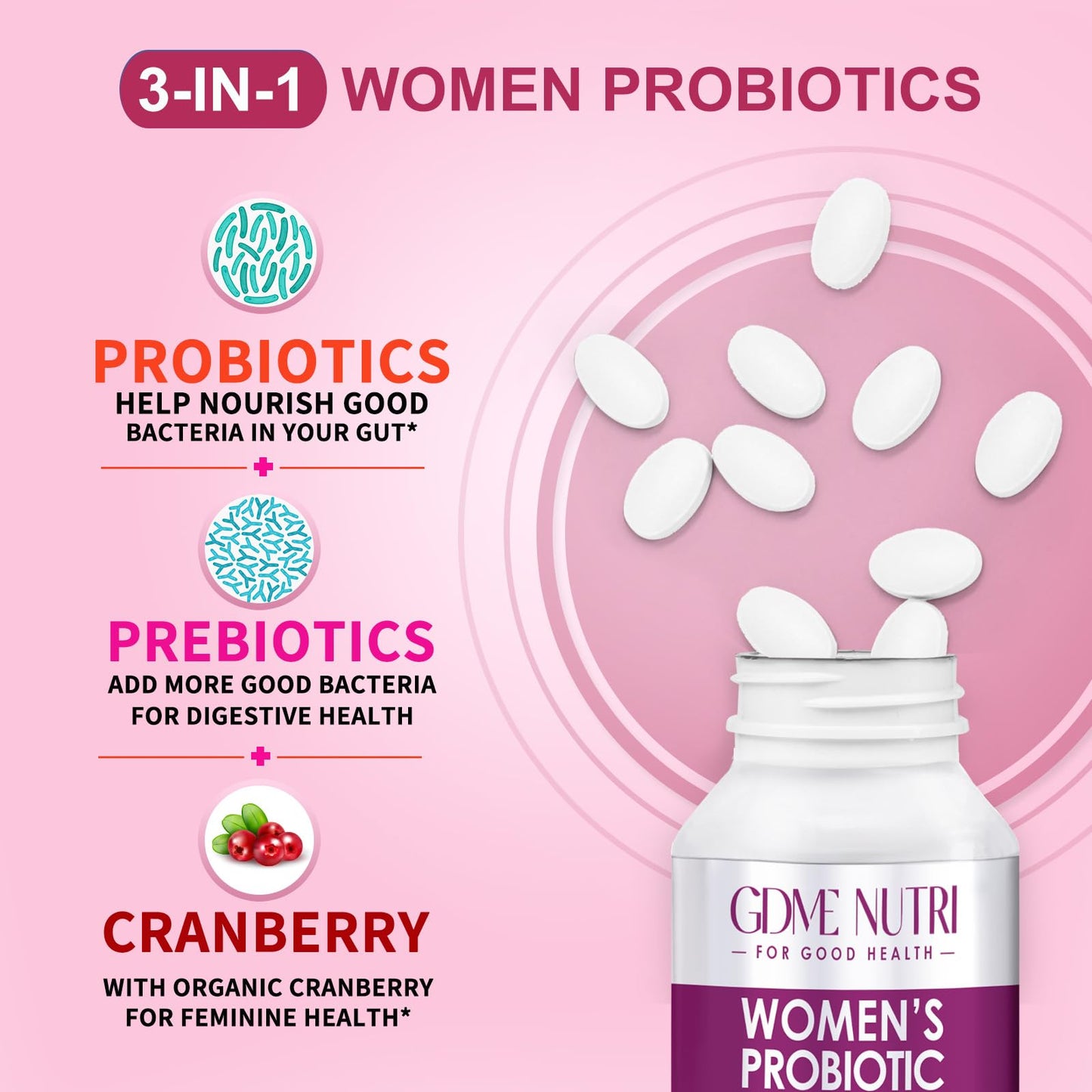 GDMENUTRI Women's Probiotics, 120 Tablets 120 Billion CFU 18 Strains, Contains Organic Prebiotic Cranberry, Probiotic Supplement for Digestion, - Maple Wellness Supplements