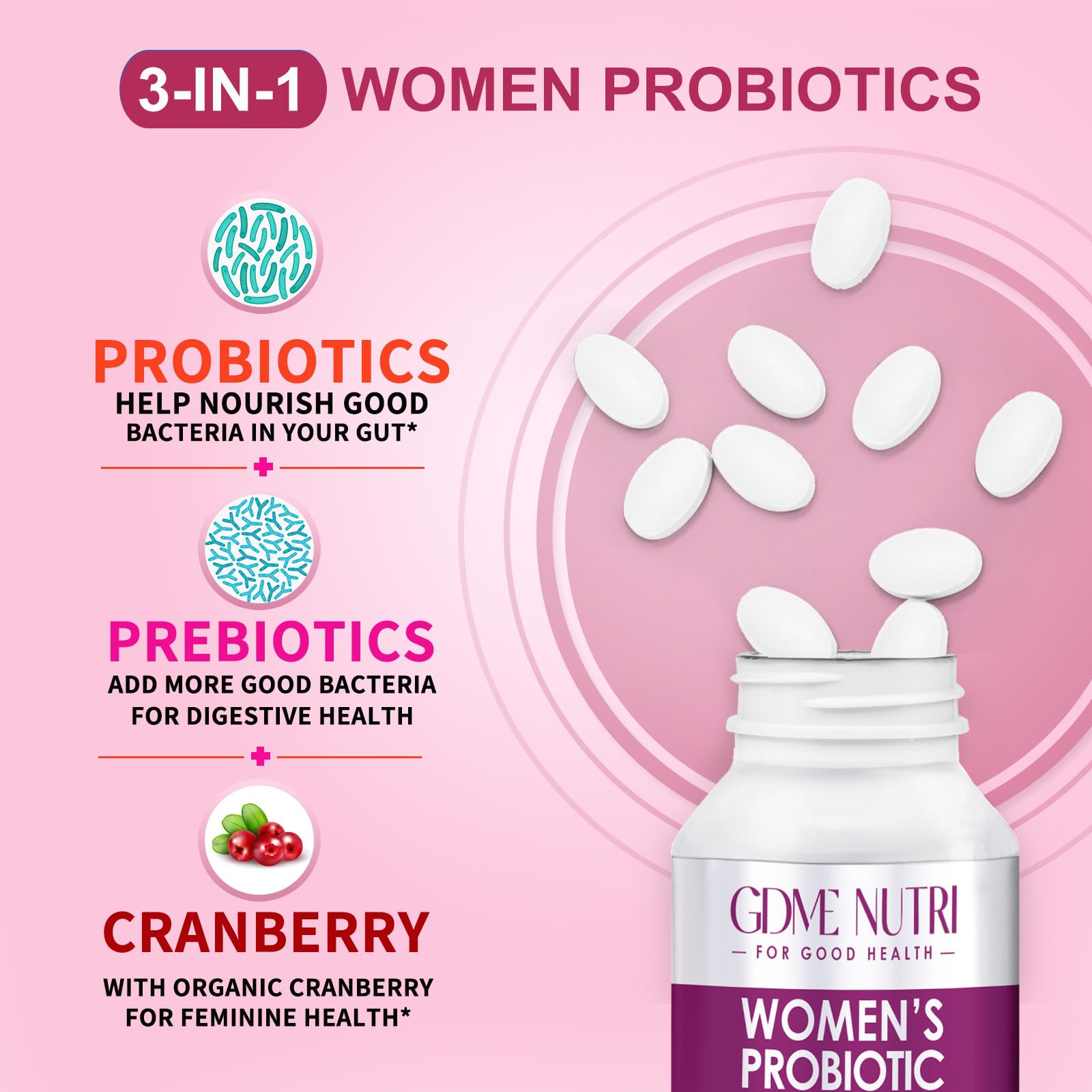 GDMENUTRI Women's Probiotics, 120 Tablets 120 Billion CFU 18 Strains, Contains Organic Prebiotic Cranberry, Probiotic Supplement for Digestion, - Maple Wellness Supplements