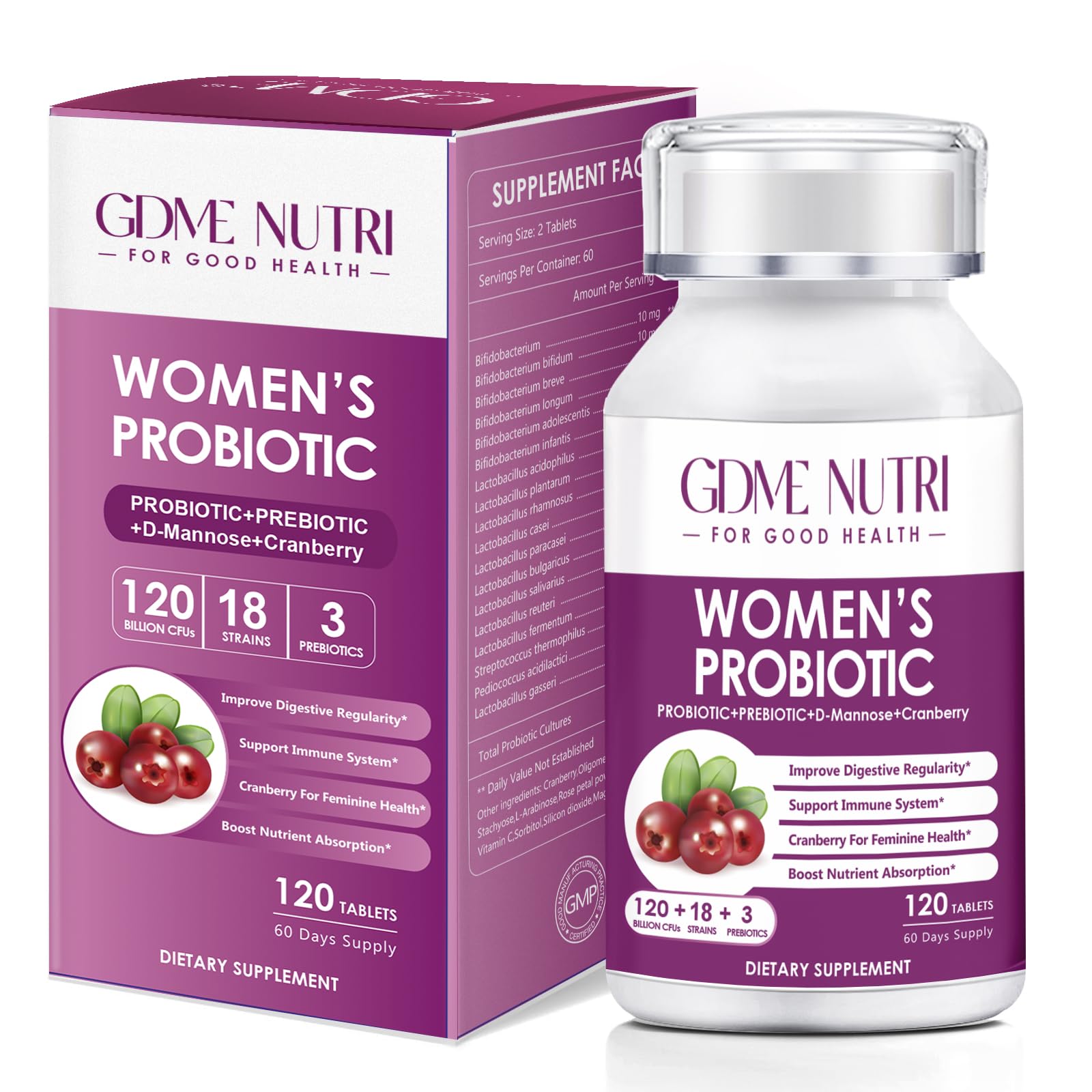 GDMENUTRI Women's Probiotics, 120 Tablets 120 Billion CFU 18 Strains, Contains Organic Prebiotic Cranberry, Probiotic Supplement for Digestion, - Maple Wellness Supplements
