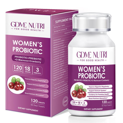 GDMENUTRI Women's Probiotics, 120 Tablets 120 Billion CFU 18 Strains, Contains Organic Prebiotic Cranberry, Probiotic Supplement for Digestion, - Maple Wellness Supplements