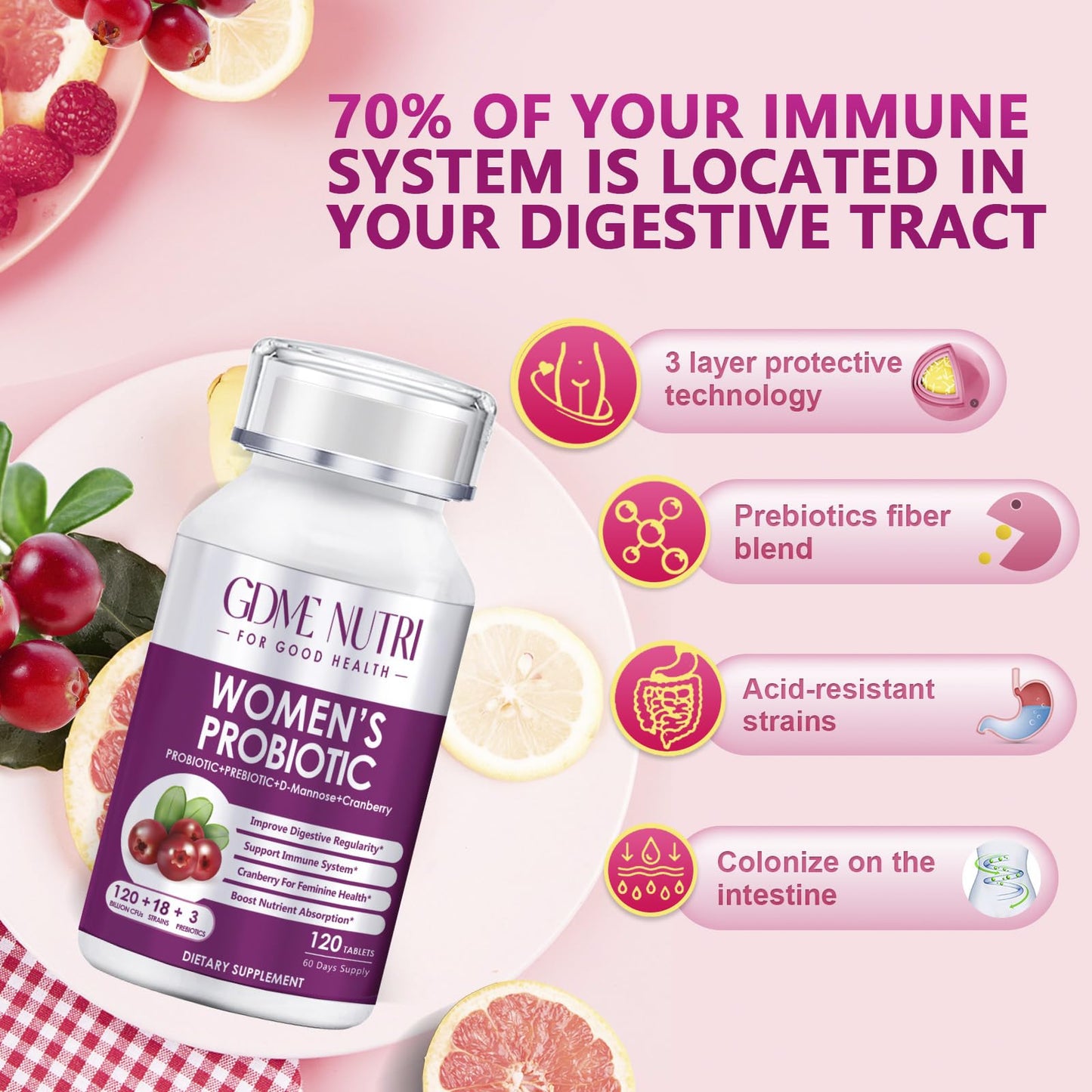 GDMENUTRI Women's Probiotics, 120 Tablets 120 Billion CFU 18 Strains, Contains Organic Prebiotic Cranberry, Probiotic Supplement for Digestion, - Maple Wellness Supplements