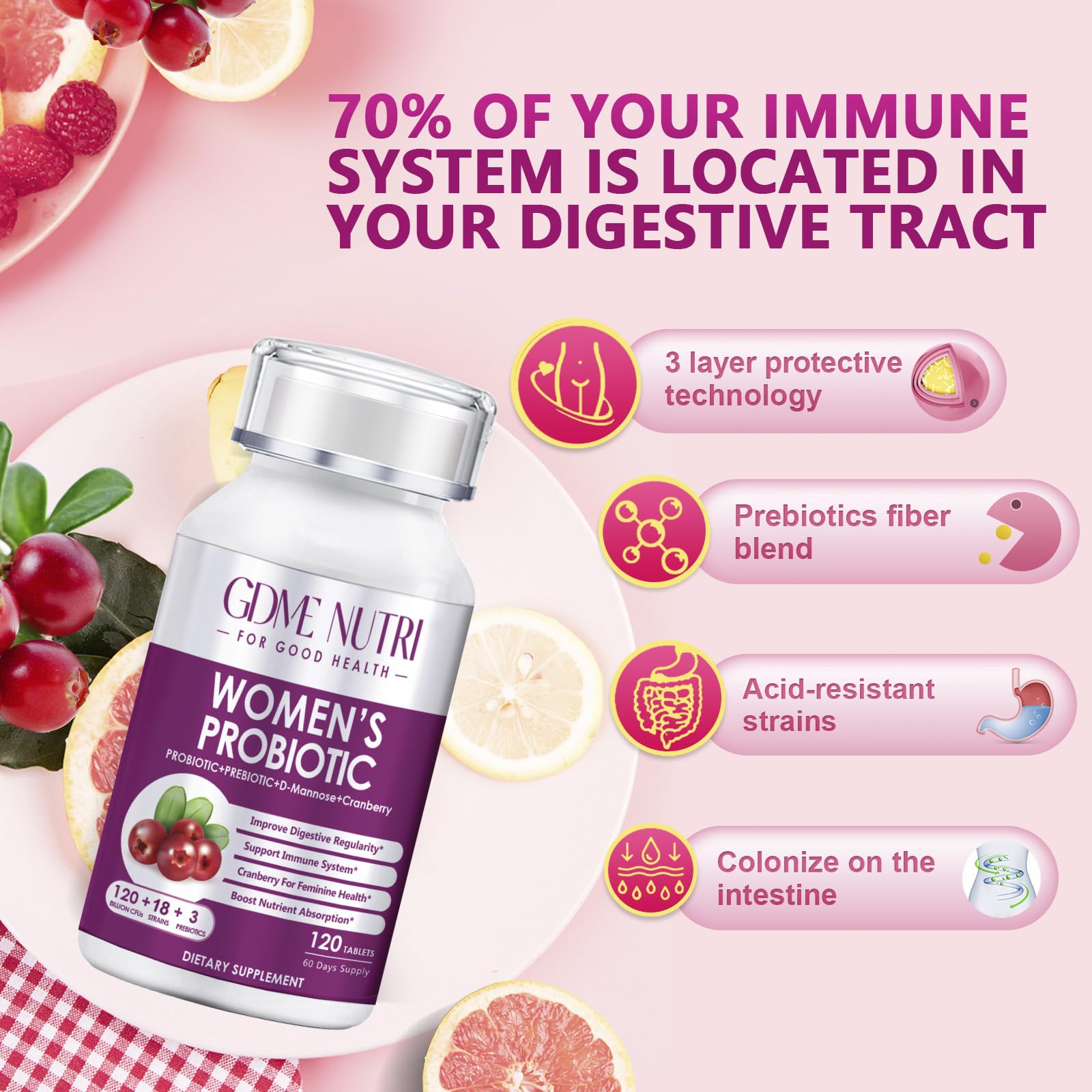 GDMENUTRI Women's Probiotics, 120 Tablets 120 Billion CFU 18 Strains, Contains Organic Prebiotic Cranberry, Probiotic Supplement for Digestion, - Maple Wellness Supplements