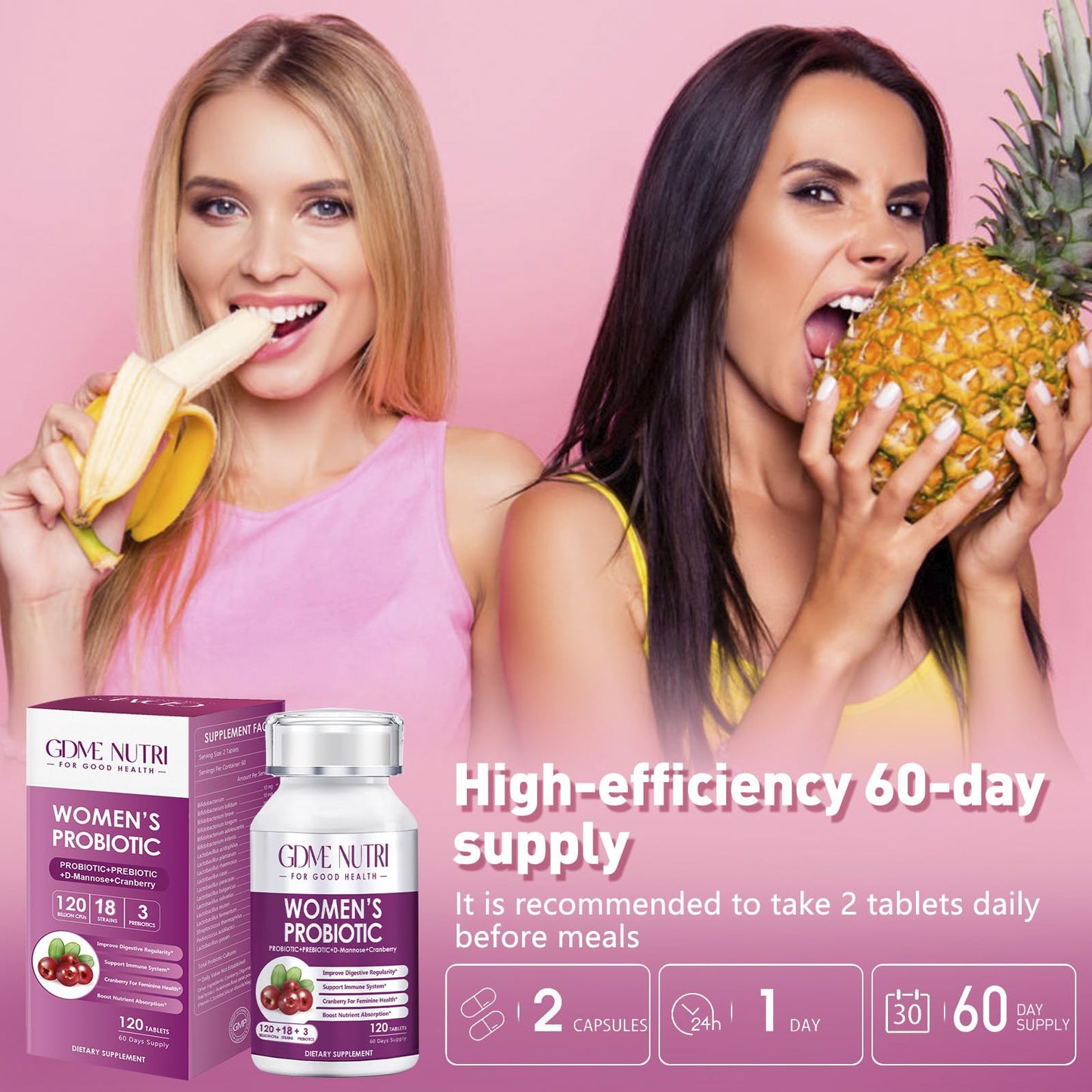 GDMENUTRI Women's Probiotics, 120 Tablets 120 Billion CFU 18 Strains, Contains Organic Prebiotic Cranberry, Probiotic Supplement for Digestion, - Maple Wellness Supplements