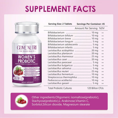 GDMENUTRI Women's Probiotics, 120 Tablets 120 Billion CFU 18 Strains, Contains Organic Prebiotic Cranberry, Probiotic Supplement for Digestion, - Maple Wellness Supplements
