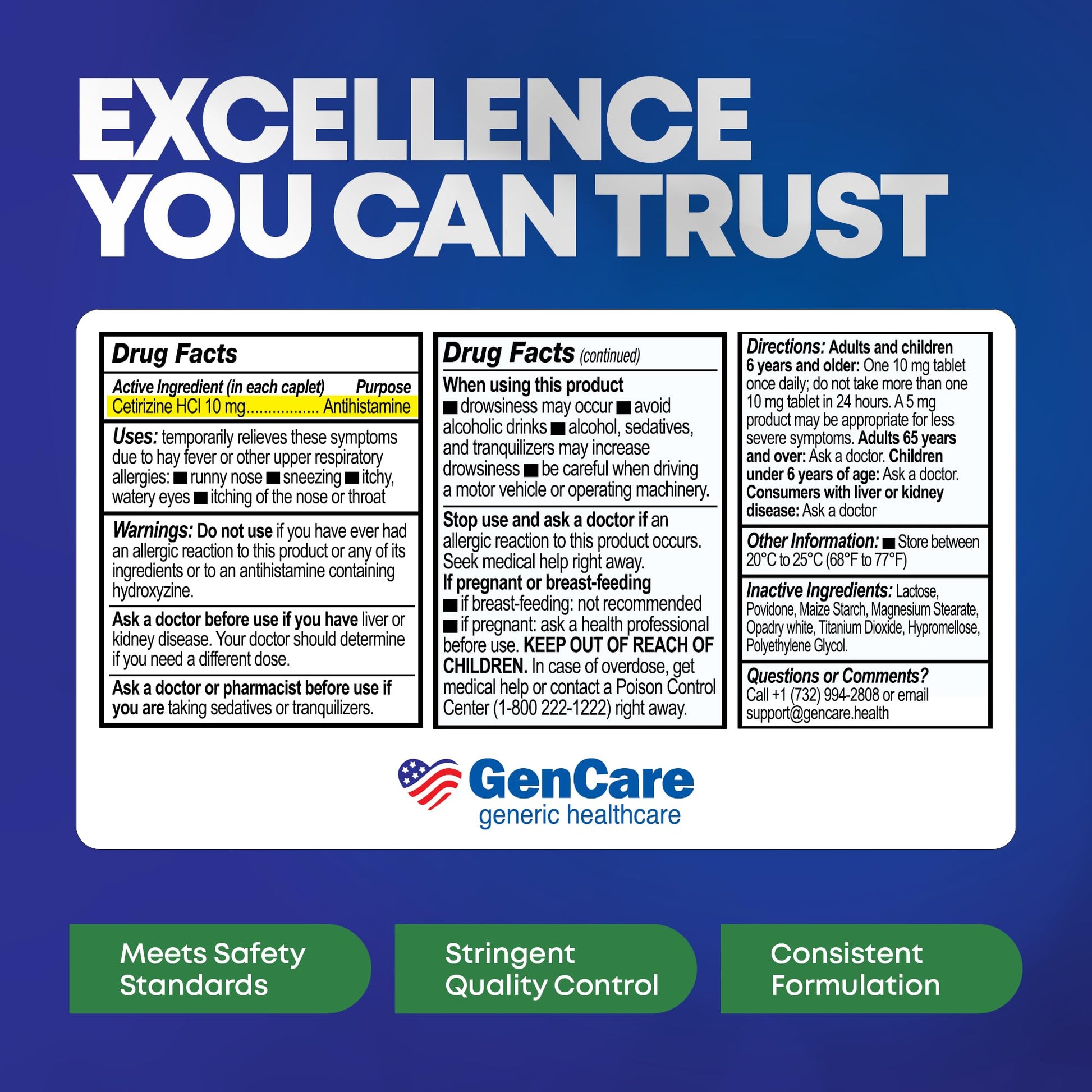 GenCare - Cetirizine HCL 10 mg (200 Caplets) - 24 Hour Allergy Relief Pills - Non Drowsy Generic OTC Allergy Medication - Antihistamine Medicine for Sneezing, Runny Nose & Itchy Eyes - Generic Zyrtec - Maple Wellness Supplements