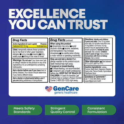 GenCare - Cetirizine HCL 10 mg (200 Caplets) - 24 Hour Allergy Relief Pills - Non Drowsy Generic OTC Allergy Medication - Antihistamine Medicine for Sneezing, Runny Nose & Itchy Eyes - Generic Zyrtec - Maple Wellness Supplements