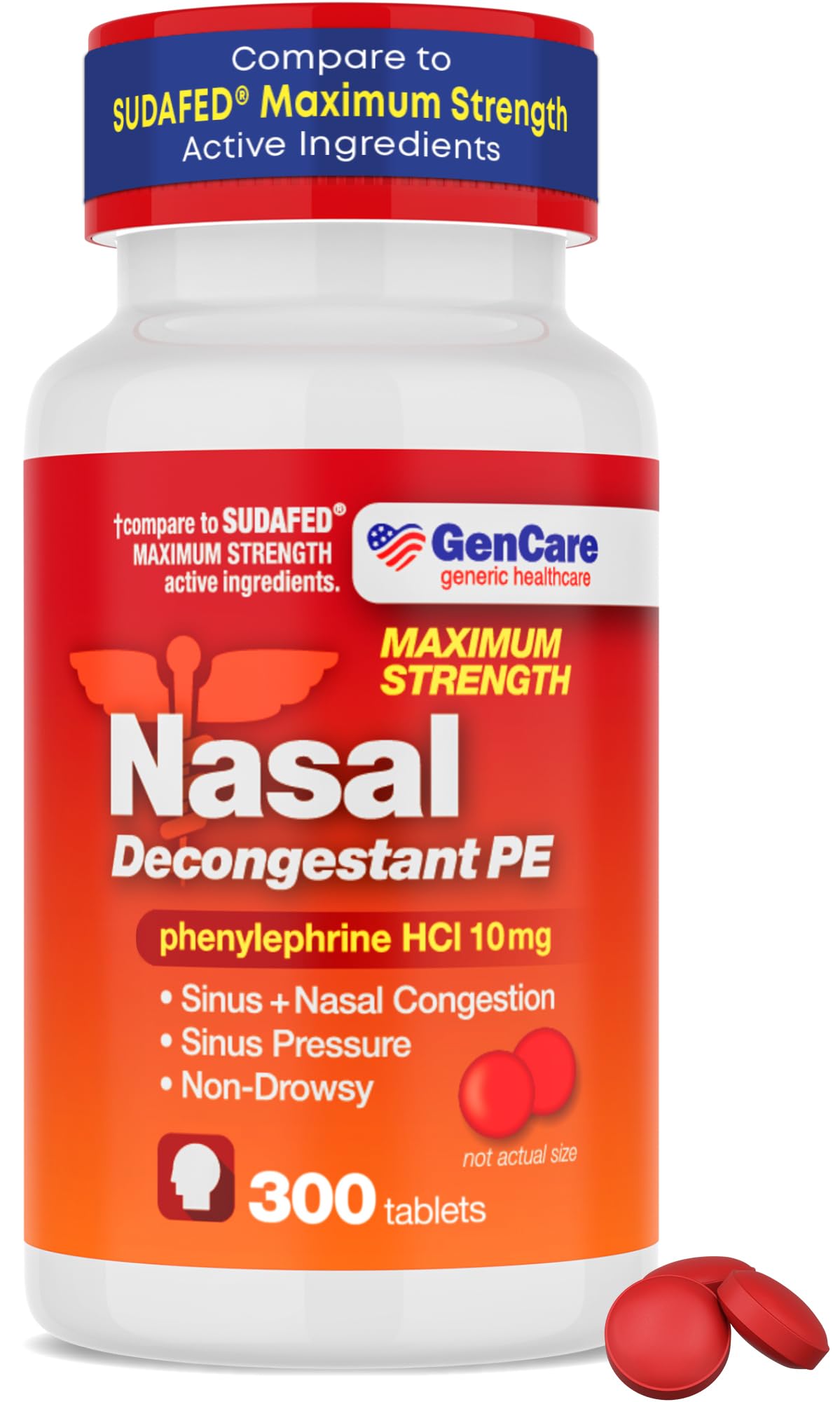 GenCare Nasal Decongestant PE – Phenylephrine HCl 10mg Tablets (Bulk 300 Count) Non-Drowsy Sinus Pressure Relief & Nasal Congestion Relief, Stuffy Nose Decongestants for Adults – Compare to Sudafed PE - Maple Wellness Supplements