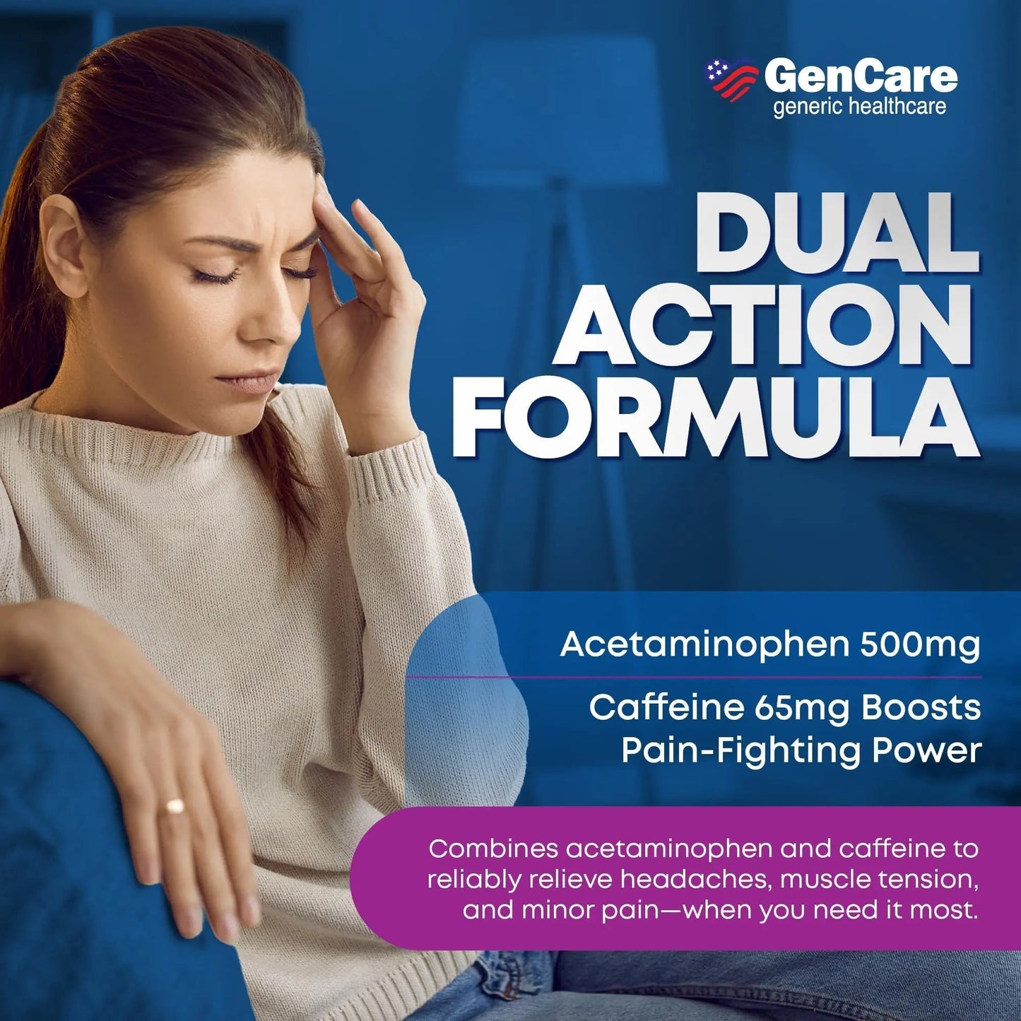 GenCare - Tension Headache Relief Pain Reliever with Acetaminophen 500 mg & Caffeine 65 mg (200 Caplets) Best Value Bulk Extra Strength for Head, Migraine, Joint Pain & Body Ache Relief Medicine - Maple Wellness Supplements