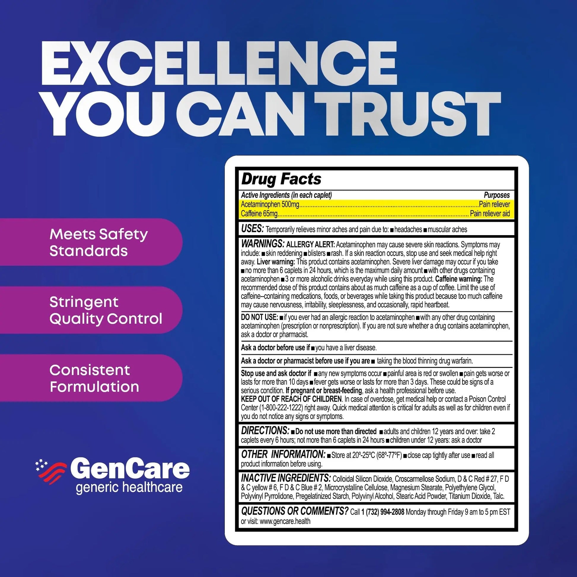 GenCare - Tension Headache Relief Pain Reliever with Acetaminophen 500 mg & Caffeine 65 mg (200 Caplets) Best Value Bulk Extra Strength for Head, Migraine, Joint Pain & Body Ache Relief Medicine - Maple Wellness Supplements