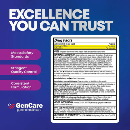 GenCare - Tension Headache Relief Pain Reliever with Acetaminophen 500 mg & Caffeine 65 mg (200 Caplets) Best Value Bulk Extra Strength for Head, Migraine, Joint Pain & Body Ache Relief Medicine - Maple Wellness Supplements