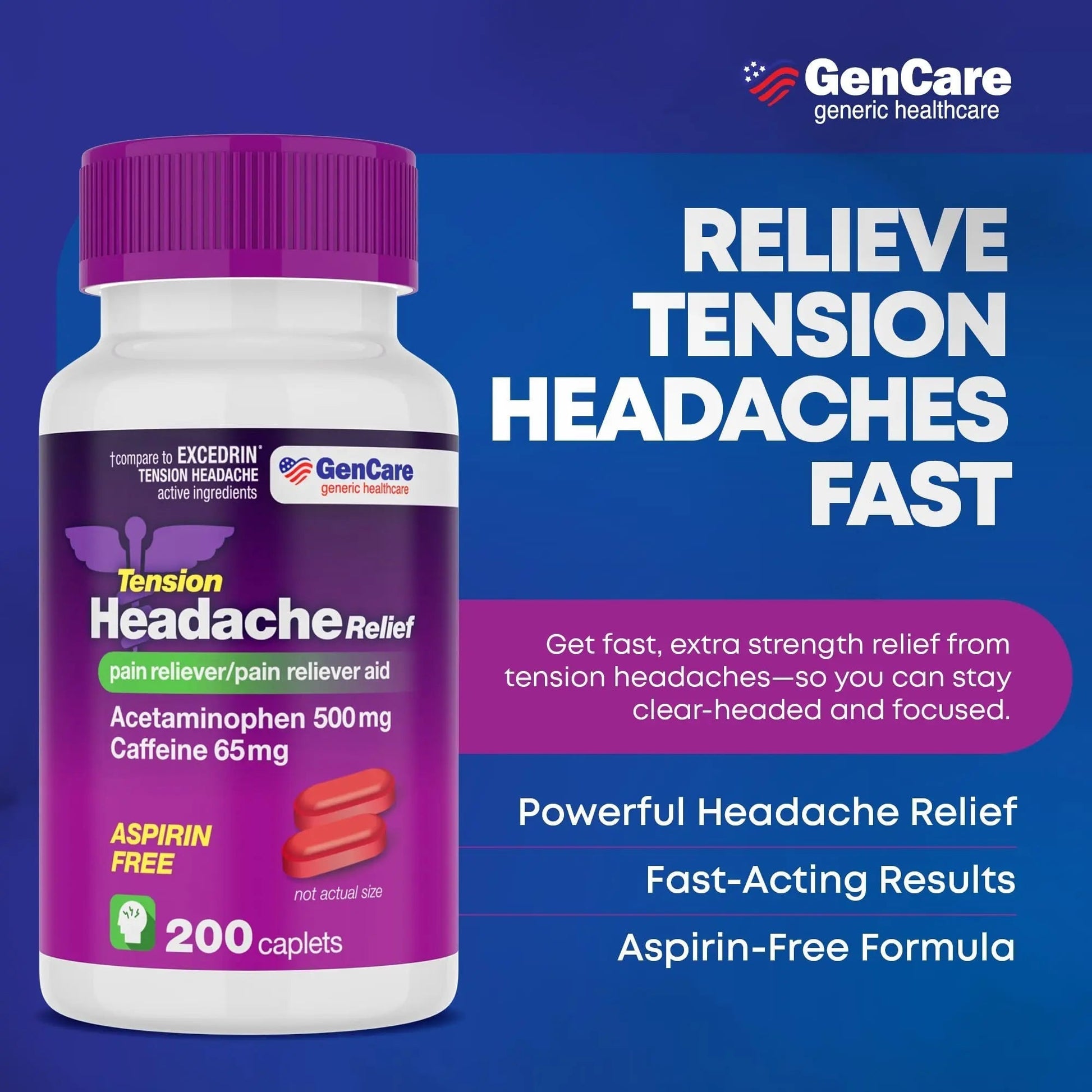 GenCare - Tension Headache Relief Pain Reliever with Acetaminophen 500 mg & Caffeine 65 mg (200 Caplets) Best Value Bulk Extra Strength for Head, Migraine, Joint Pain & Body Ache Relief Medicine - Maple Wellness Supplements