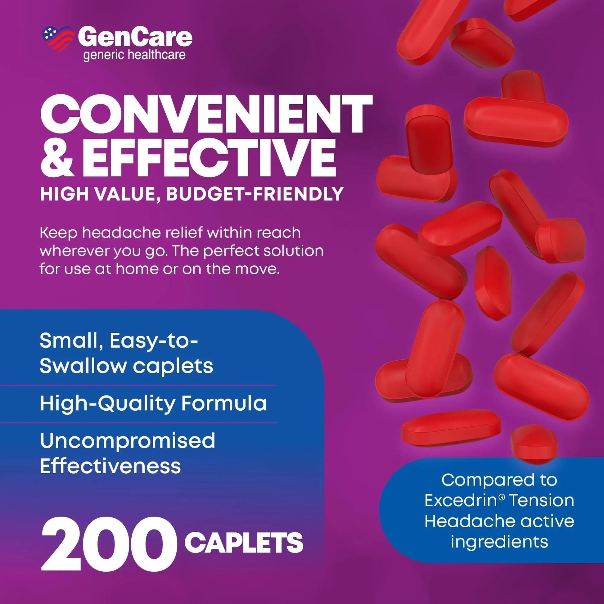 GenCare - Tension Headache Relief Pain Reliever with Acetaminophen 500 mg & Caffeine 65 mg (200 Caplets) Best Value Bulk Extra Strength for Head, Migraine, Joint Pain & Body Ache Relief Medicine - Maple Wellness Supplements