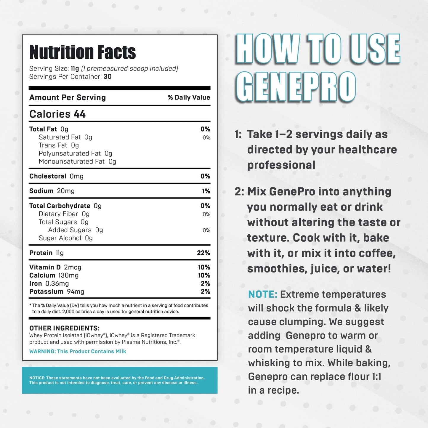 Genepro Unflavored Protein Powder - New Formula - Lactose-Free, Gluten-Free, & Non - Maple Wellness Supplements