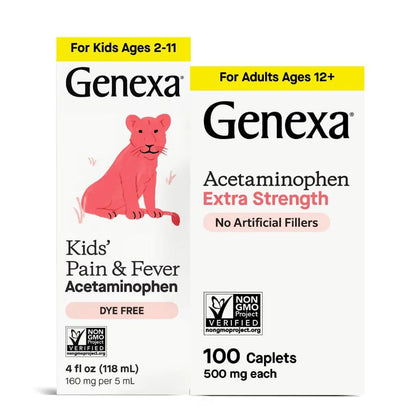 Genexa Kids & Adults Clean Acetaminophen Combo | Family Pain & Fever Bundle | Dye Free, 0% Artificial Additives | Vegan & Non-GMO | Medicine Made Clean | Ages 2-11, 12+ (2 Pack) - Maple Wellness Supplements