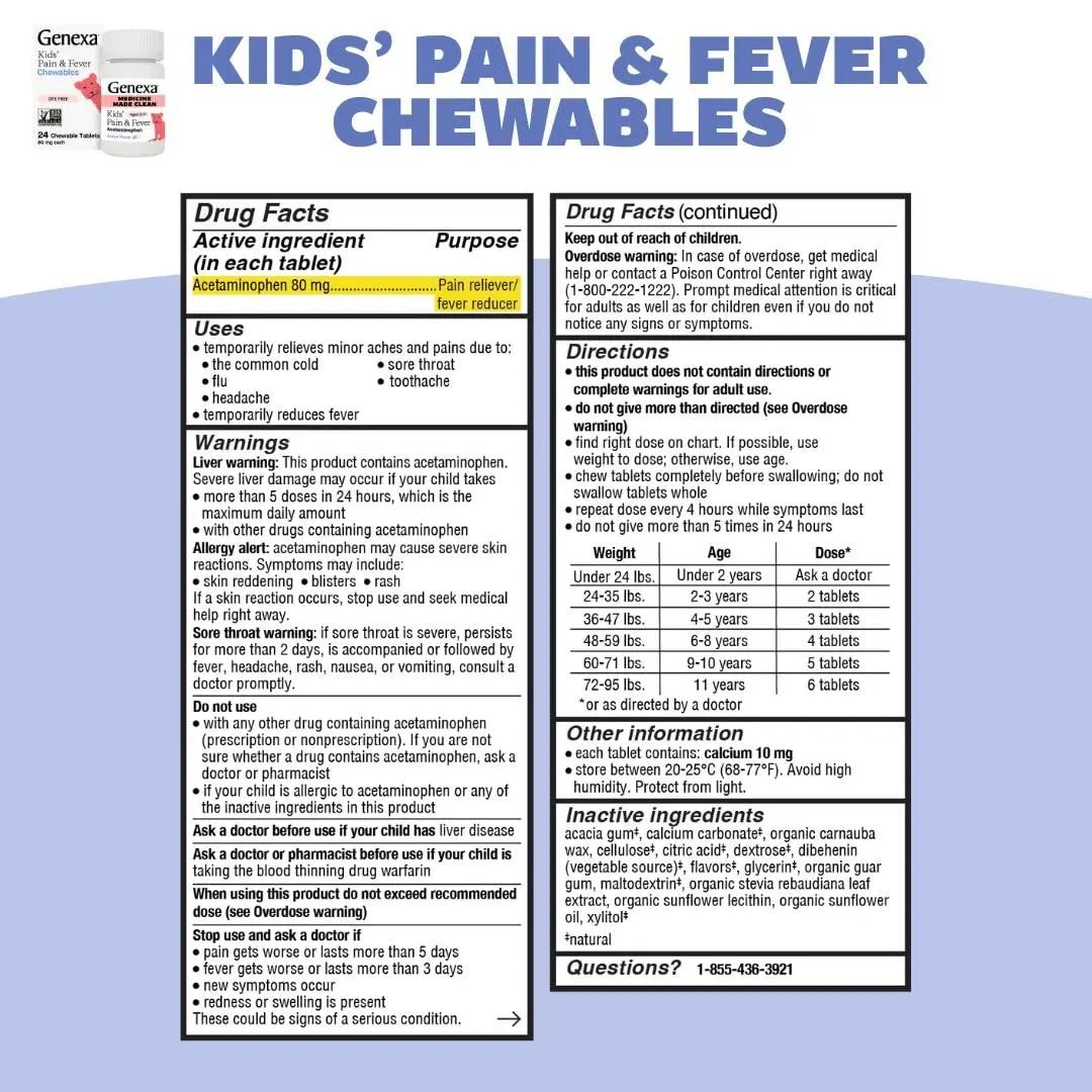 Genexa Kids' Clean Pain & Fever Acetaminophen Bundle | Relieves Fever & Minor Aches and Pain | Dye Free, 0% Artificial Additives | Chewable Tablets & Liquid Oral Suspension for Children Aged 2-11 - Maple Wellness Supplements