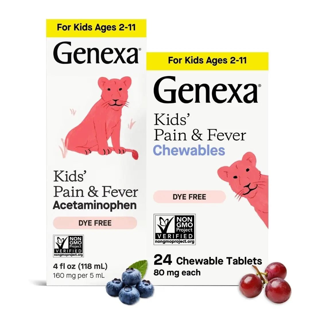 Genexa Kids' Clean Pain & Fever Acetaminophen Bundle | Relieves Fever & Minor Aches and Pain | Dye Free, 0% Artificial Additives | Chewable Tablets & Liquid Oral Suspension for Children Aged 2-11 - Maple Wellness Supplements