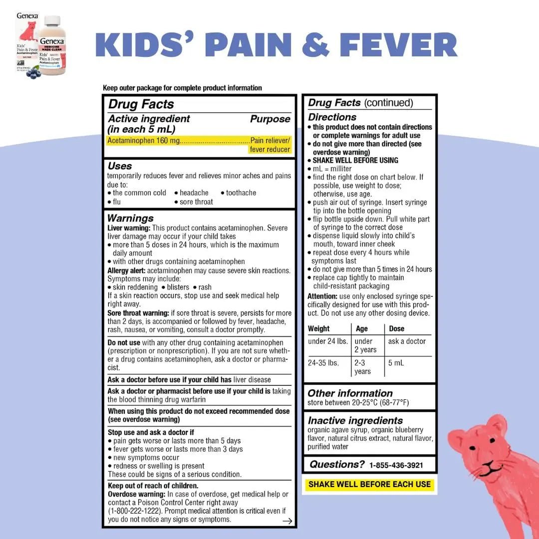 Genexa Kids' Clean Pain & Fever Acetaminophen Bundle | Relieves Fever & Minor Aches and Pain | Dye Free, 0% Artificial Additives | Chewable Tablets & Liquid Oral Suspension for Children Aged 2-11 - Maple Wellness Supplements