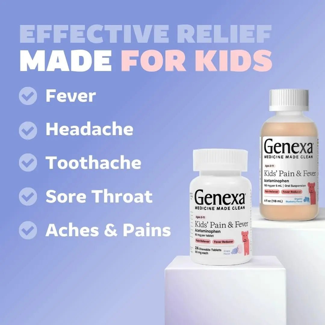Genexa Kids' Clean Pain & Fever Acetaminophen Bundle | Relieves Fever & Minor Aches and Pain | Dye Free, 0% Artificial Additives | Chewable Tablets & Liquid Oral Suspension for Children Aged 2-11 - Maple Wellness Supplements