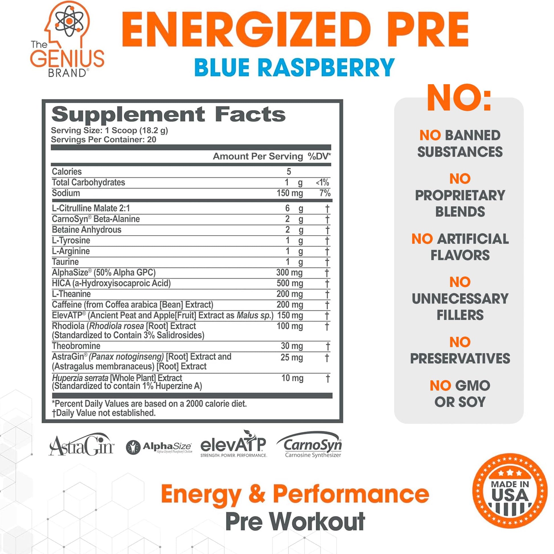 Genius Energized Pre Workout Powder – Caffeine Infused Pre-Workout Booster Supplement with Beta Alanine & Alpha GPC, No Artificial Sweeteners or Dyes - 200mg Caffeine, 20 Servings, Blue Raspberry - Maple Wellness Supplements