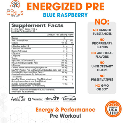 Genius Energized Pre Workout Powder – Caffeine Infused Pre-Workout Booster Supplement with Beta Alanine & Alpha GPC, No Artificial Sweeteners or Dyes - 200mg Caffeine, 20 Servings, Blue Raspberry - Maple Wellness Supplements