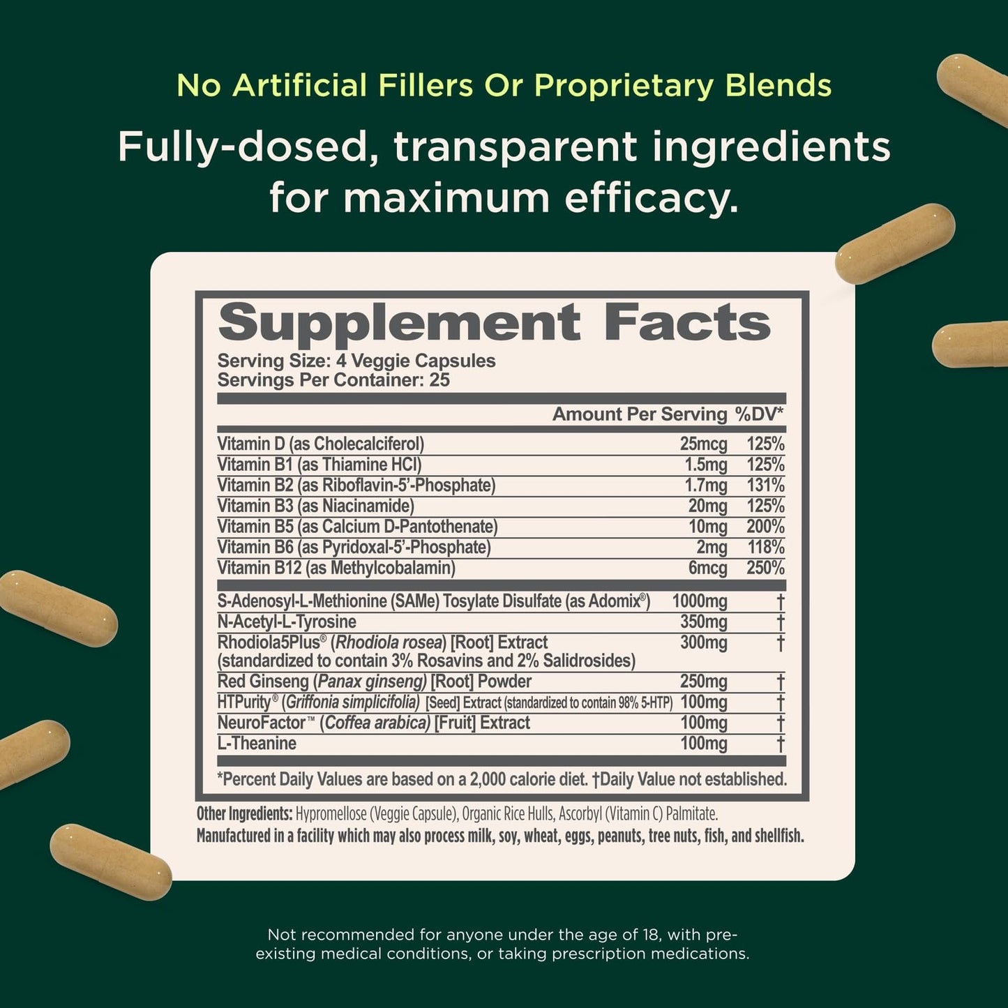 Genius Joy, Nootropic Mood Enhancer Supplement - Support Cognitive Health, Enhance Mood & Neural Function with Brain Boosting L-Theanine, Panax Ginseng & SAM-e - Organic, Non-GMO, & Gluten-Free - Maple Wellness Supplements