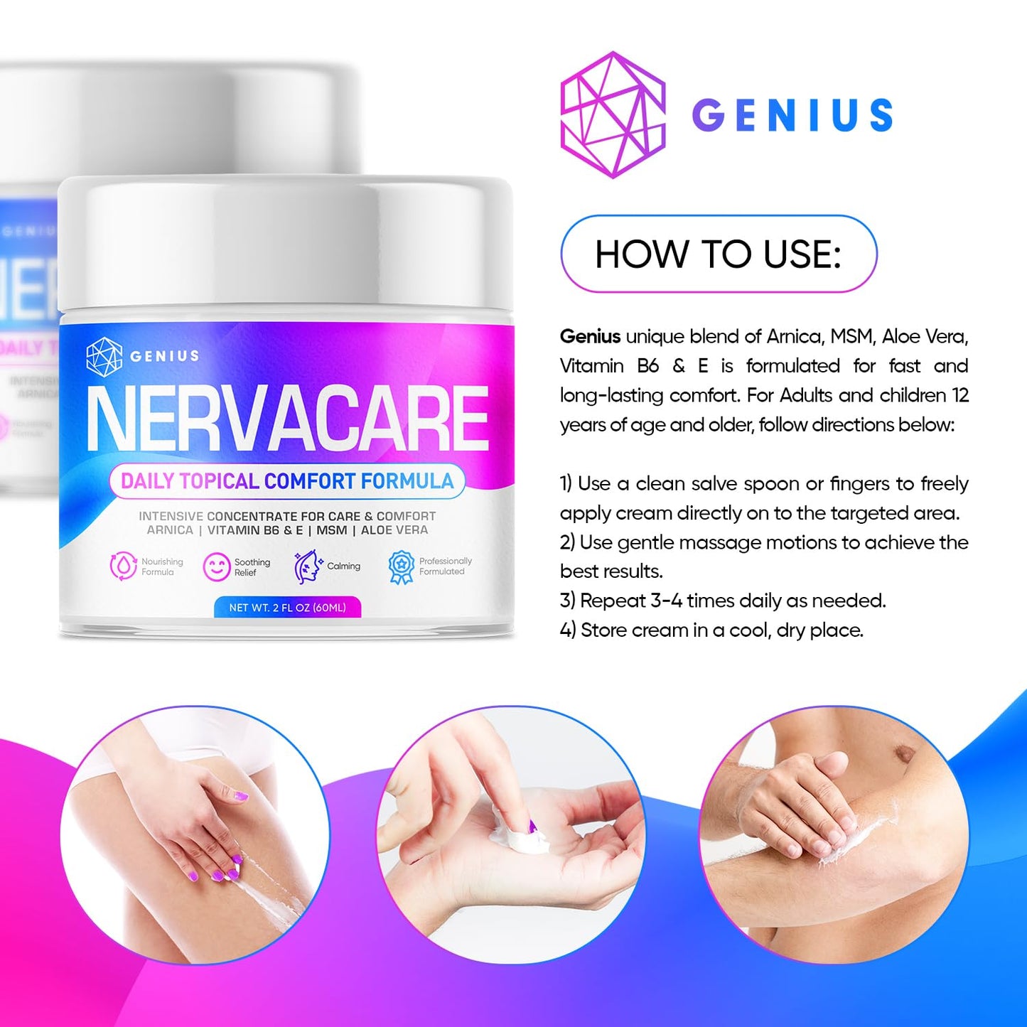 Genius Nervacare – Neuropathy Cream for Feet, Hands, Legs & Toes – Nerve Comfort Cream with Menthol, Arnica, MSM, Vitamin B6, Aloe Vera – Fast-Absorbing, Non-Greasy 2Oz - Maple Wellness Supplements