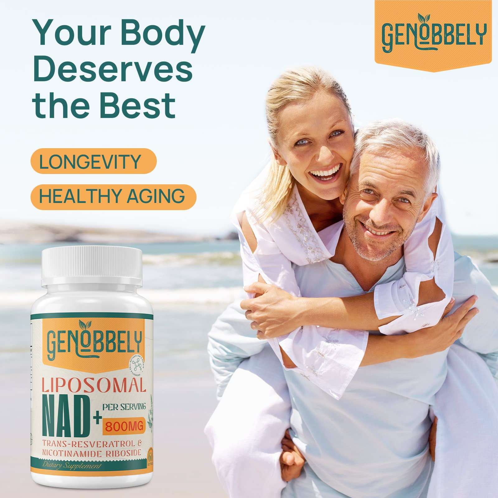 GENOBBELY 800 mg Liposomal NAD+ Supplement with Nicotinamide Riboside 200 mg, Trans-Resveratrol 100 mg - True NAD Supplement for DNA Repair, Healthy Aging, Brain Function - 60-Day Supply - Maple Wellness Supplements