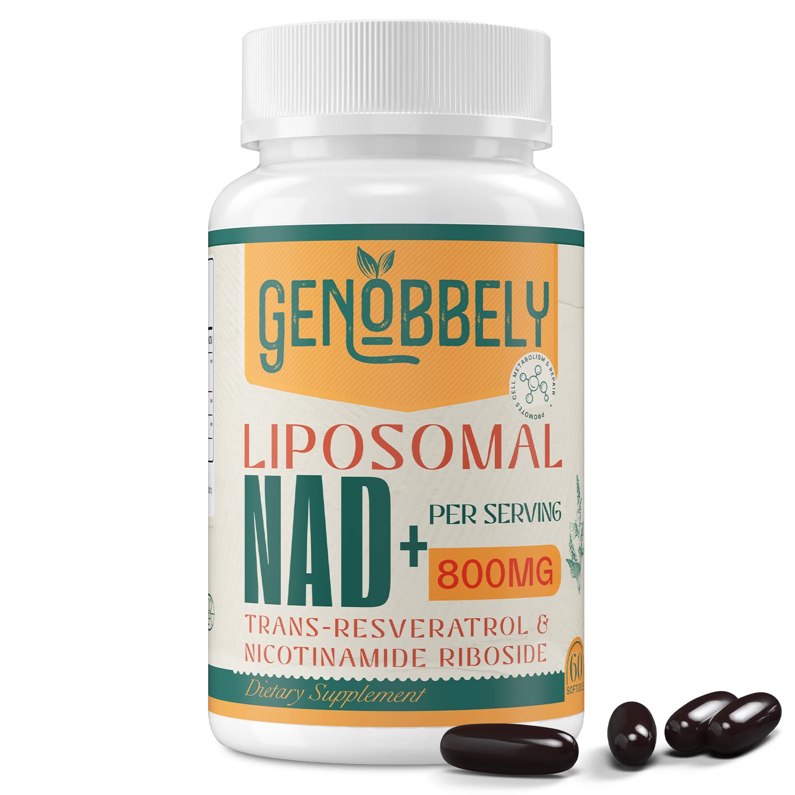 GENOBBELY 800 mg Liposomal NAD+ Supplement with Nicotinamide Riboside 200 mg, Trans-Resveratrol 100 mg - True NAD Supplement for DNA Repair, Healthy Aging, Brain Function - 60-Day Supply - Maple Wellness Supplements