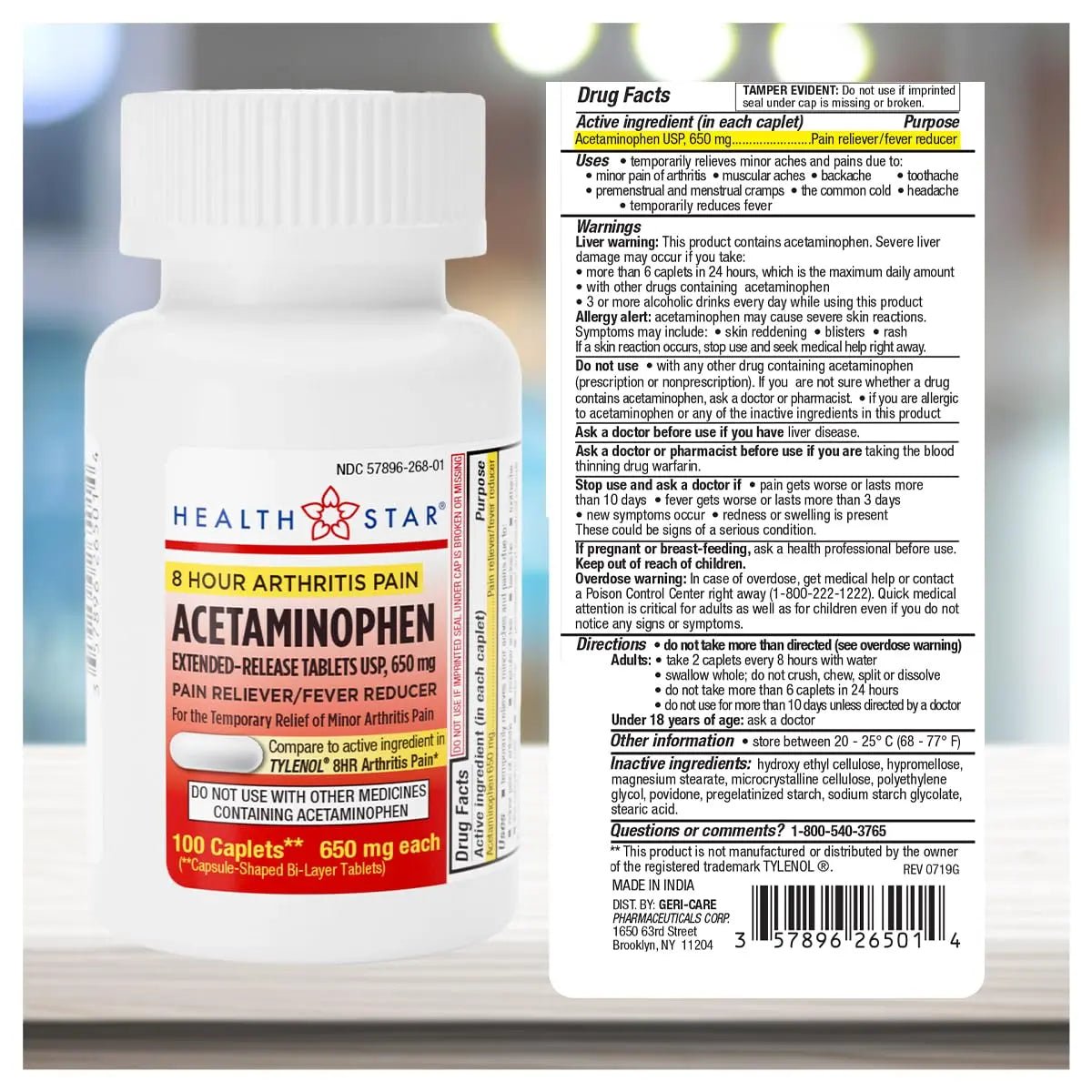 GeriCare Acetaminophen Extended-Release Arthritis 650mg Caplets, Pain Reliever, Arthritis Symptoms, Fever Reduction, 100 Count (Pack of 1) - Maple Wellness Supplements