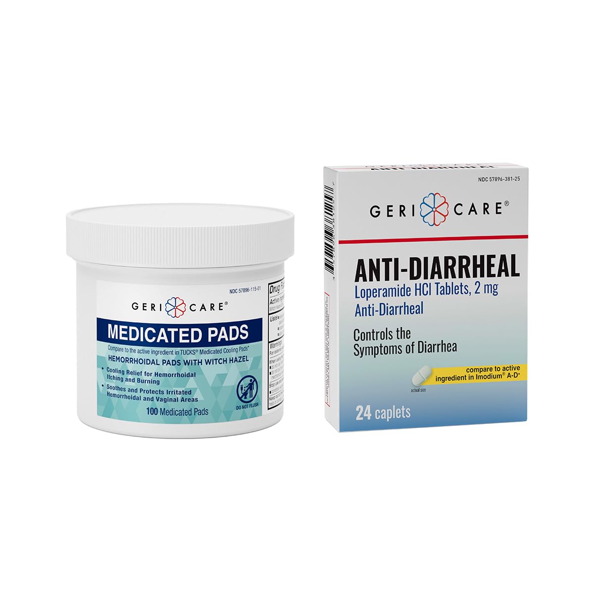 GeriCare Anti-Diarrheal Caplets 24 Count & Medicated Pads of Witch Hazel 50% 100 Count Bundle – Fast Relief for Diarrhea, Soothing Medicated Pads for Irritation, Digestive Support & Travel - Maple Wellness Supplements