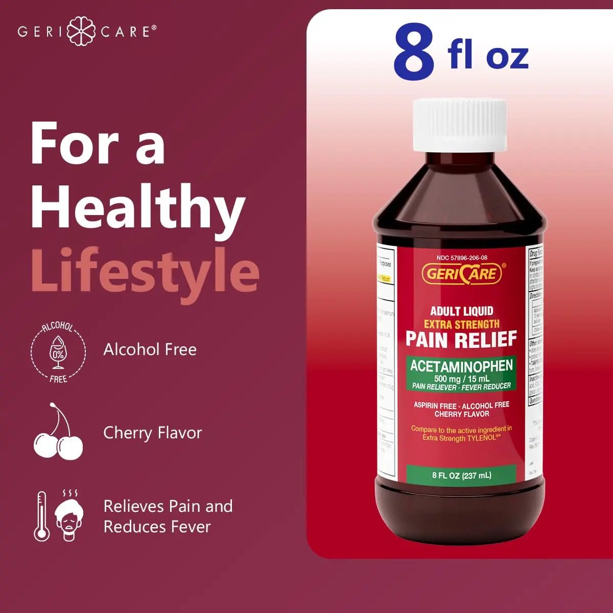 GeriCare Extra Strength Acetaminophen 500 mg Adult Liquid Pain Relief, Fever Reducer, 8 FL OZ (Pack of 1) - Maple Wellness Supplements