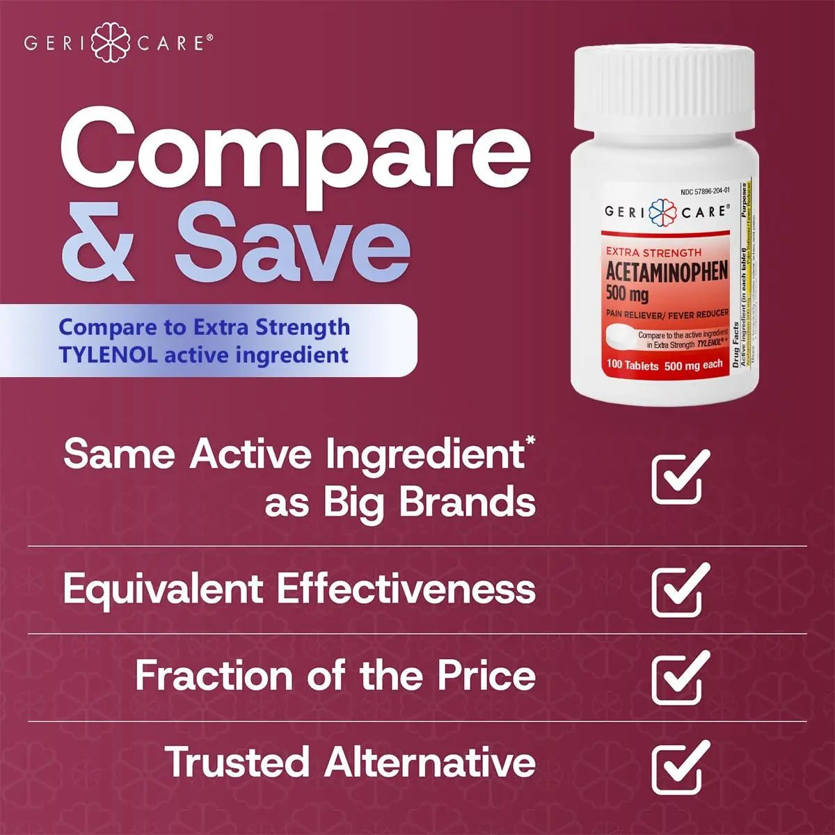 GeriCare Extra Strength Acetaminophen Pain Relief Fever Reducer Tablets, Strength 500mg Tablet | Joint, Muscle, Arthritis, Back Pain, Body Pain Relief, 100 Count (Pack of 2) - Maple Wellness Supplements