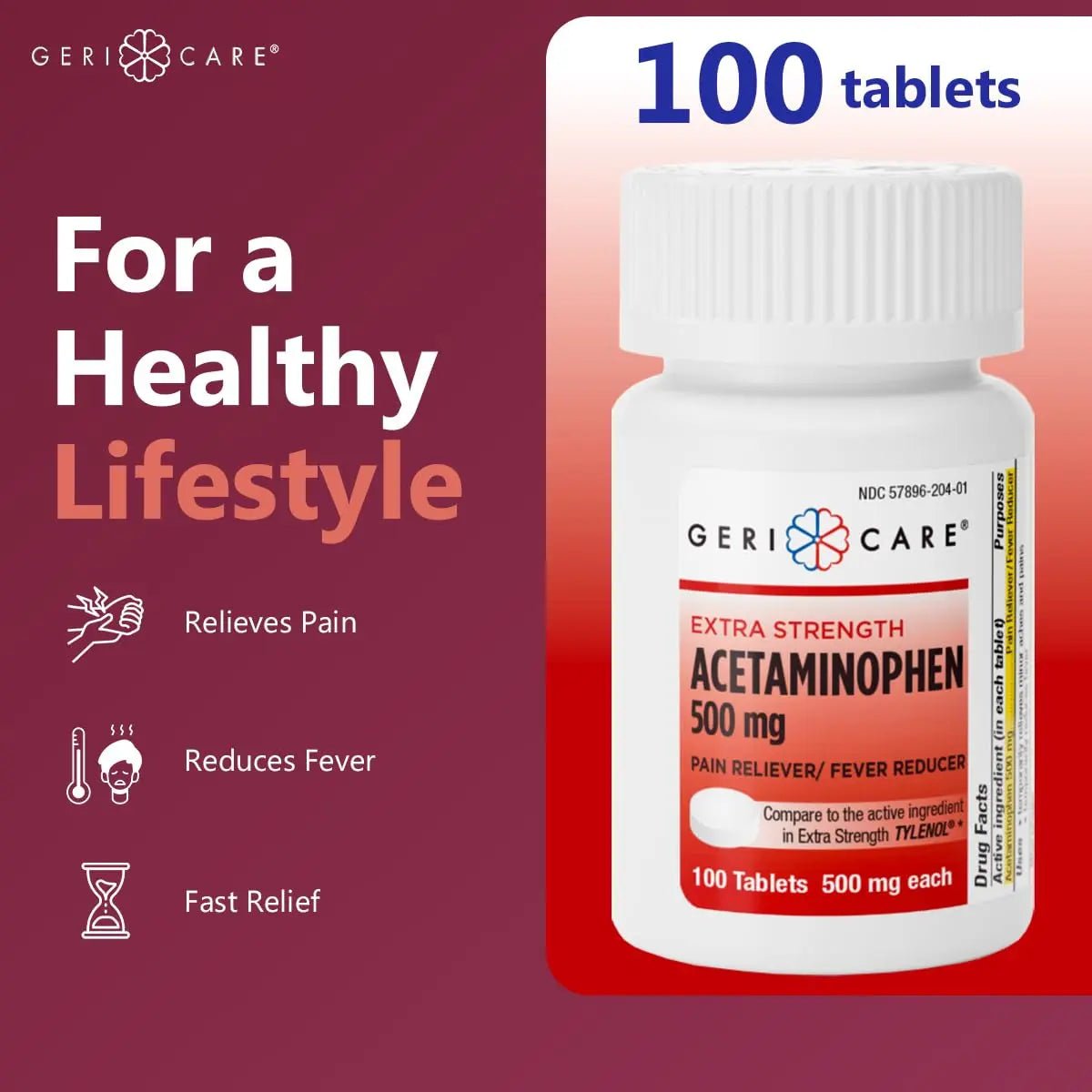 GeriCare Extra Strength Acetaminophen Pain Relief Fever Reducer Tablets, Strength 500mg Tablet | Joint, Muscle, Arthritis, Back Pain, Body Pain Relief, 100 Count (Pack of 2) - Maple Wellness Supplements