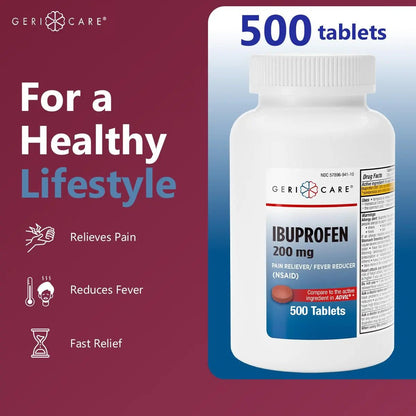 GeriCare Ibuprofen 200mg, Pain Reliever, Fever Reducer, Relieves Body Aches, 500 Count (Pack of 1) - Maple Wellness Supplements