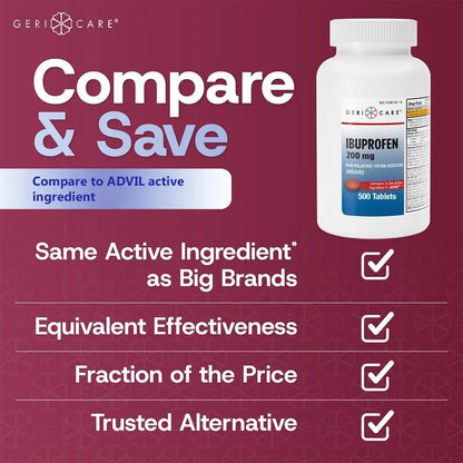 GeriCare Ibuprofen 200mg, Pain Reliever, Fever Reducer, Relieves Body Aches, 500 Count (Pack of 1) - Maple Wellness Supplements