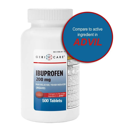 GeriCare Ibuprofen 200mg, Pain Reliever, Fever Reducer, Relieves Body Aches, 500 Count (Pack of 1) - Maple Wellness Supplements