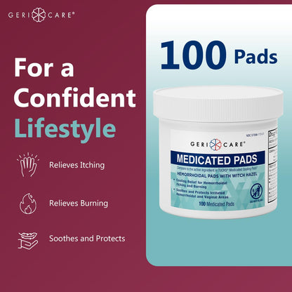 GeriCare Medicated Cooling Pads with Witch Hazel. for Soothing Itch, Discomfort, and Burning, Pre-Moistened Pads Ideal for Sensitive Areas, 100 Count (Pack of 1) - Maple Wellness Supplements
