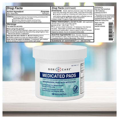GeriCare Medicated Cooling Pads with Witch Hazel. for Soothing Itch, Discomfort, and Burning, Pre-Moistened Pads Ideal for Sensitive Areas, 100 Count (Pack of 1) - Maple Wellness Supplements