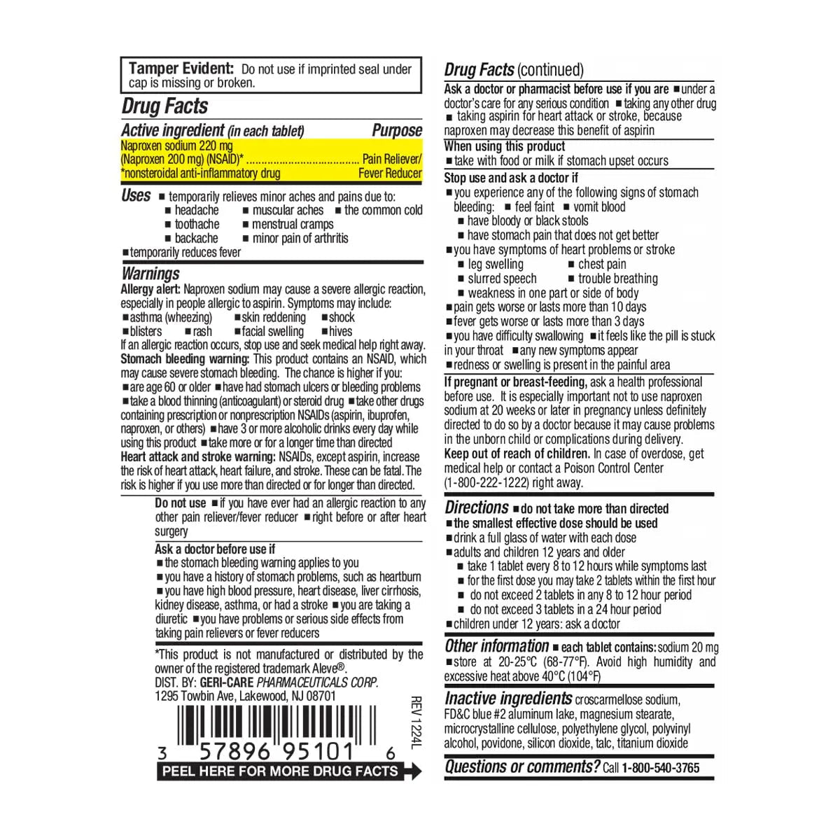 GeriCare Naproxen Sodium Tablets, 220mg (100 Count)- NSAID Extra-Strength Pain Relief for Headache, Arthritis, Muscle Aches, Menstrual Cramps- Film-Coated Naproxen, Anti-Inflammatory & Fever Reducer - Maple Wellness Supplements