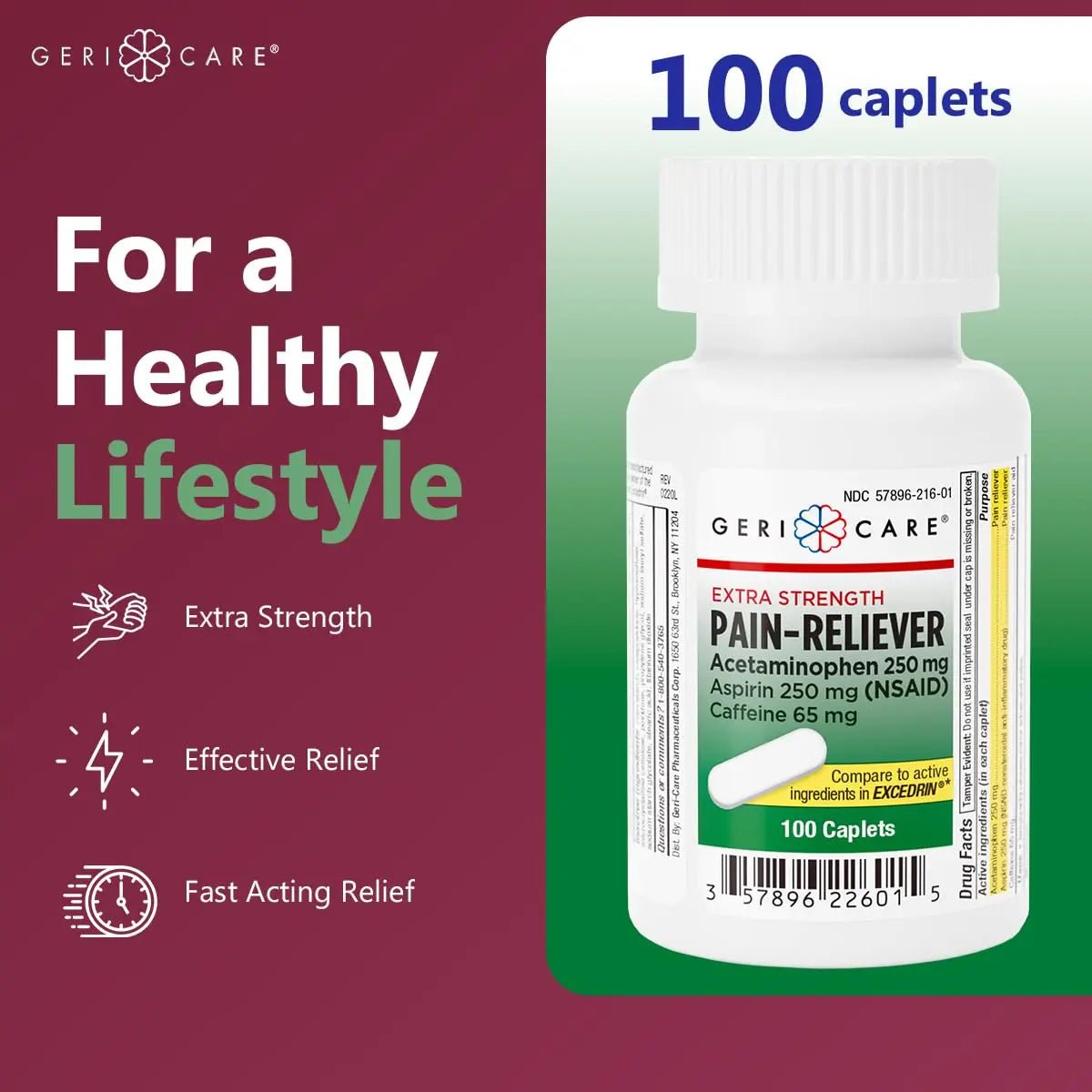 GeriCare Pain Reliever Extra Strength Caplets – 100 Count – Acetaminophen 250mg, Aspirin 250mg (NSAID), Caffeine 65mg – Powerful Triple-Action Formula for Headaches, Migraines & Minor Aches (2 Pack) - Maple Wellness Supplements